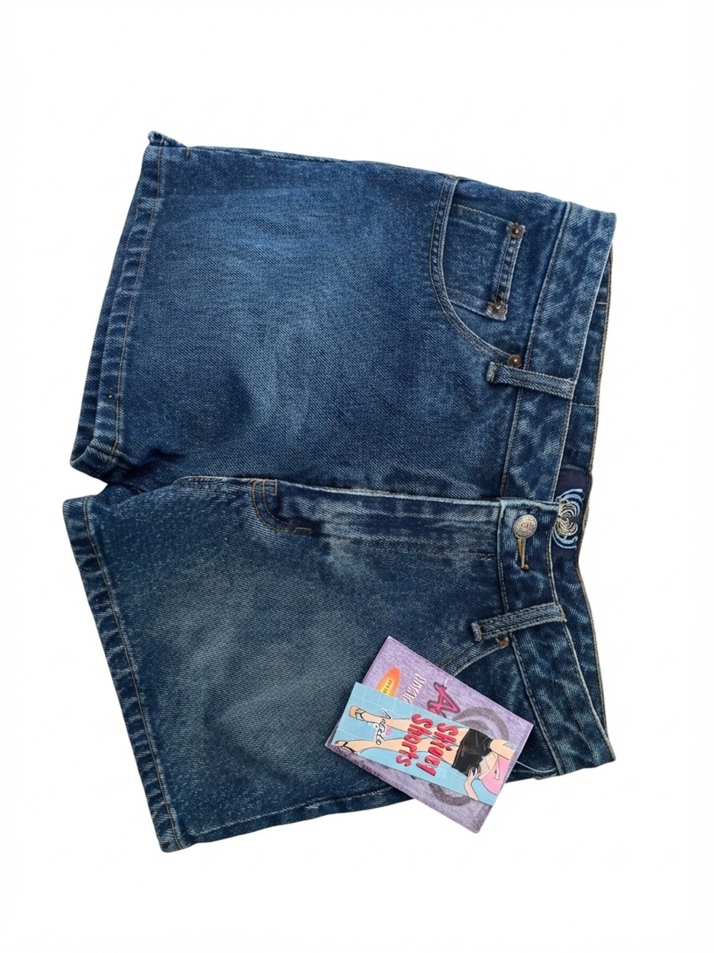 Angels Skinny Shorts Tag - Blue Denim with Pink Accents